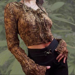 Axcess Semi Sheer Earth Tone Long Sleeve Blouse - M